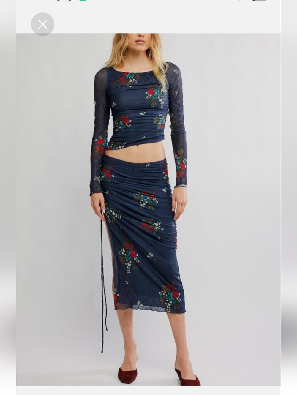 Free People Crimson Nights Set Navy Floral Ruched Midi Skirt And Top NEW